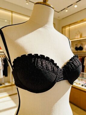 Topshop Women’s Black Strapless Bikini Top with Sheer Polka Dot Pattern - Size 8